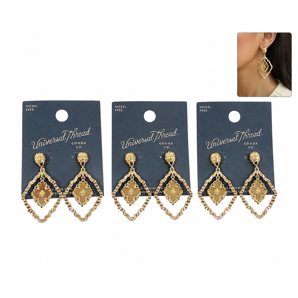 3 pair bundle lot Earrings Gold Double Diamond Drop Dangle Nickel Free cute gift